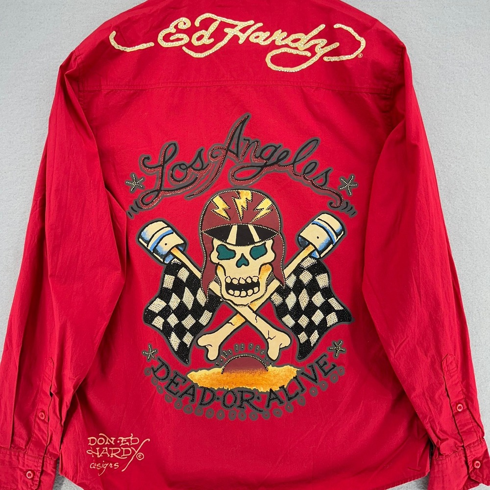 Y2K Ed Hardy Button Down Shirt Los Angeles Skull Bling Long Sleeve Red‎ XL Biker